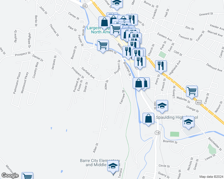 map of restaurants, bars, coffee shops, grocery stores, and more near 44 Allen Street in Barre