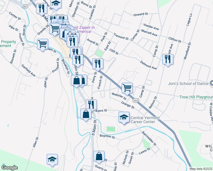 map of restaurants, bars, coffee shops, grocery stores, and more near 63 Hill Street in Barre