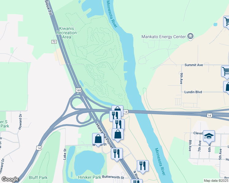 map of restaurants, bars, coffee shops, grocery stores, and more near Kiwanis Mountain Bike Trail in Mankato
