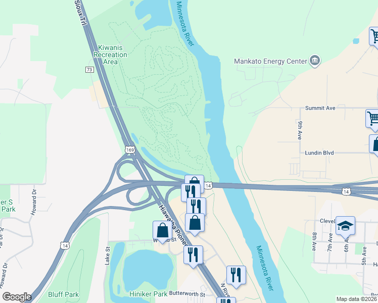 map of restaurants, bars, coffee shops, grocery stores, and more near Kiwanis Mountain Bike Trail in Mankato