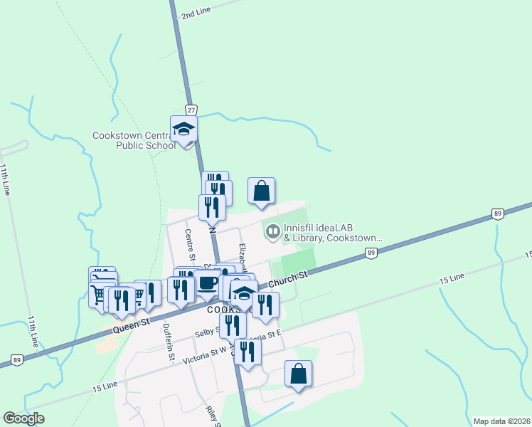 map of restaurants, bars, coffee shops, grocery stores, and more near 22 East John Street in Innisfil