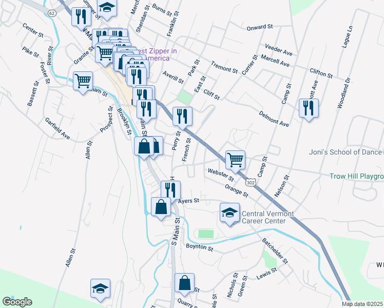 map of restaurants, bars, coffee shops, grocery stores, and more near 63 Hill Street in Barre