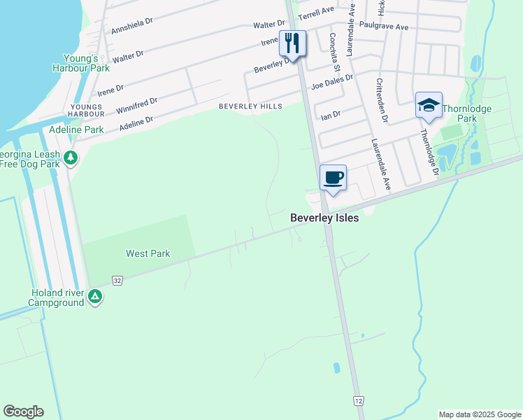 map of restaurants, bars, coffee shops, grocery stores, and more near 14 West Park Heights in Georgina