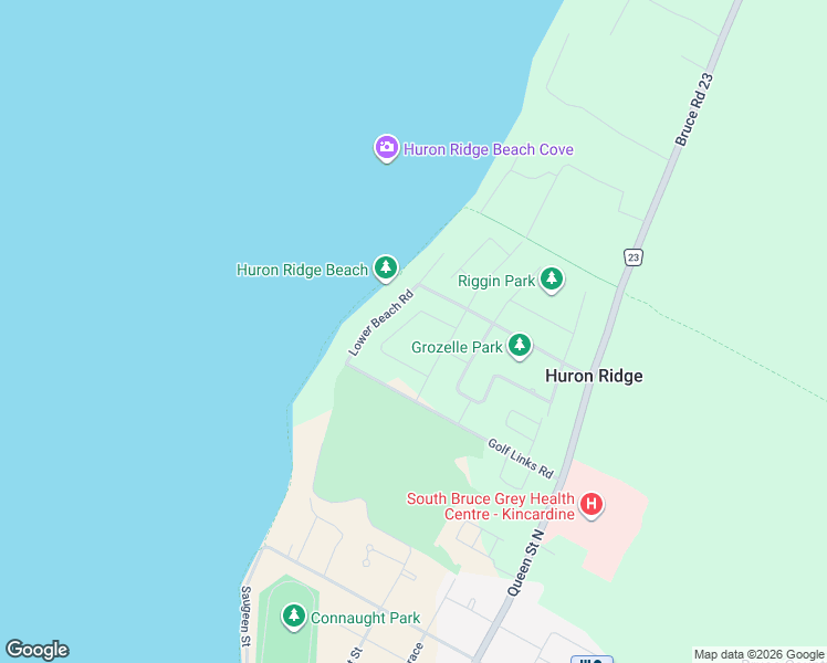 map of restaurants, bars, coffee shops, grocery stores, and more near 30 Huron Ridge Crescent in Kincardine