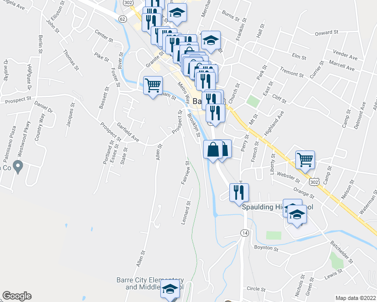 map of restaurants, bars, coffee shops, grocery stores, and more near 38 Fairview Street in Barre