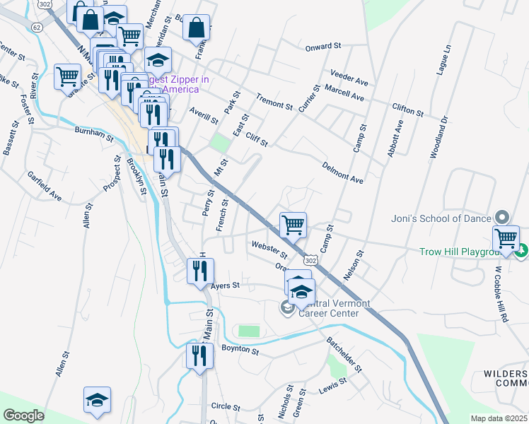 map of restaurants, bars, coffee shops, grocery stores, and more near 112 Washington Street in Barre
