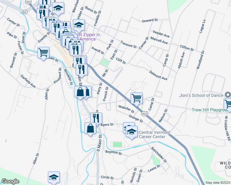 map of restaurants, bars, coffee shops, grocery stores, and more near 1 Highland Avenue in Barre