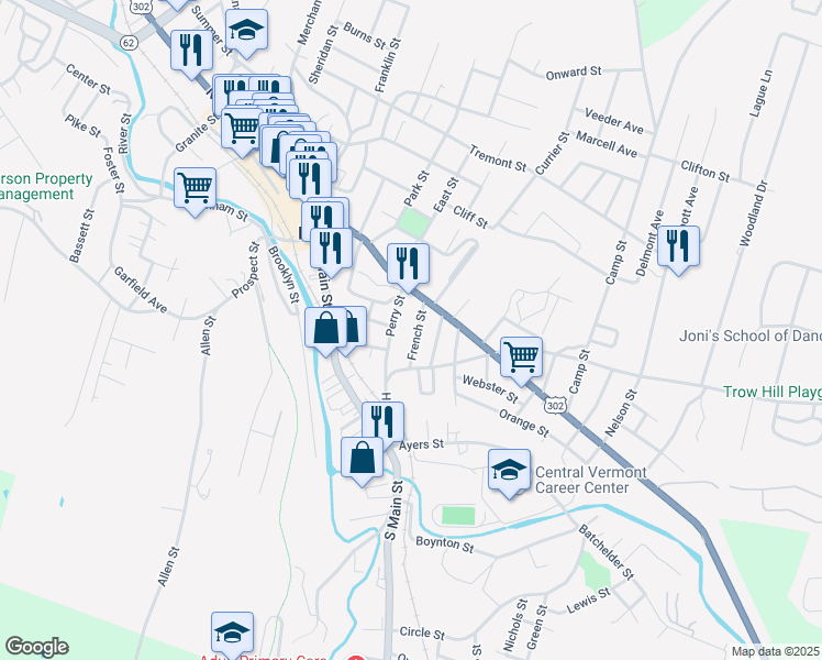 map of restaurants, bars, coffee shops, grocery stores, and more near 22 Perry Street in Barre
