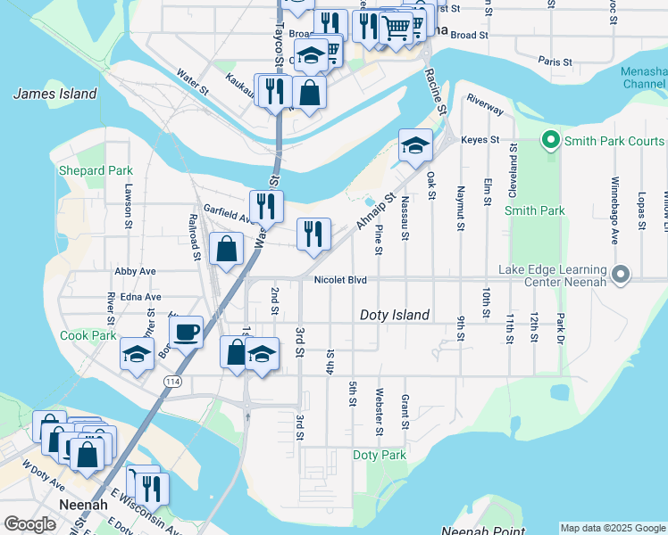 map of restaurants, bars, coffee shops, grocery stores, and more near 365 Ahnaip Street in Menasha