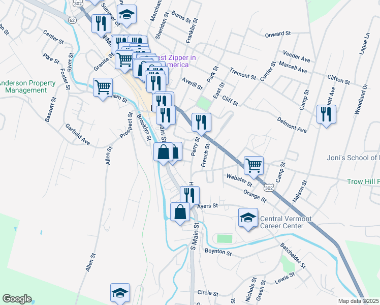map of restaurants, bars, coffee shops, grocery stores, and more near 11 King Street in Barre