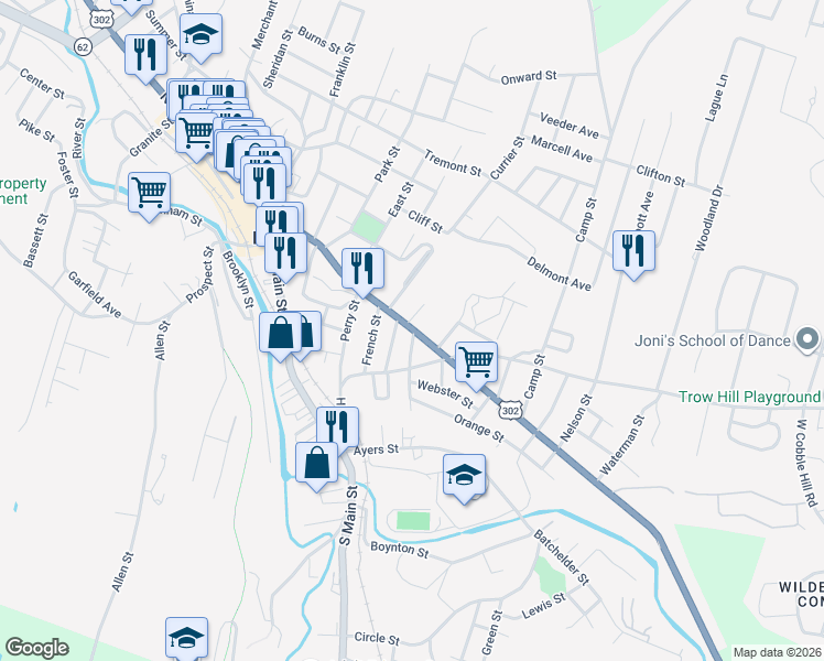 map of restaurants, bars, coffee shops, grocery stores, and more near 1 Highland Avenue in Barre