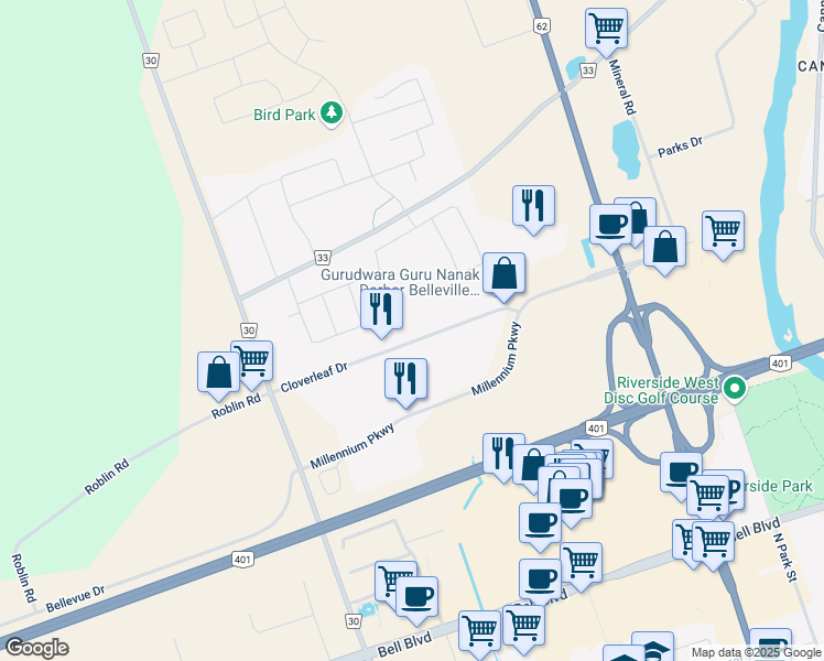 map of restaurants, bars, coffee shops, grocery stores, and more near 107 Cloverleaf Drive in Belleville