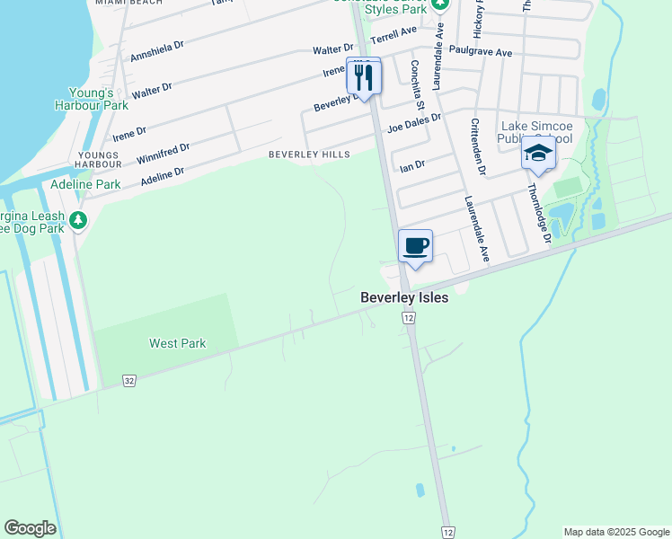 map of restaurants, bars, coffee shops, grocery stores, and more near 23 West Park Heights in Georgina