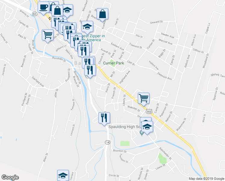 map of restaurants, bars, coffee shops, grocery stores, and more near 22 Perry Street in Barre