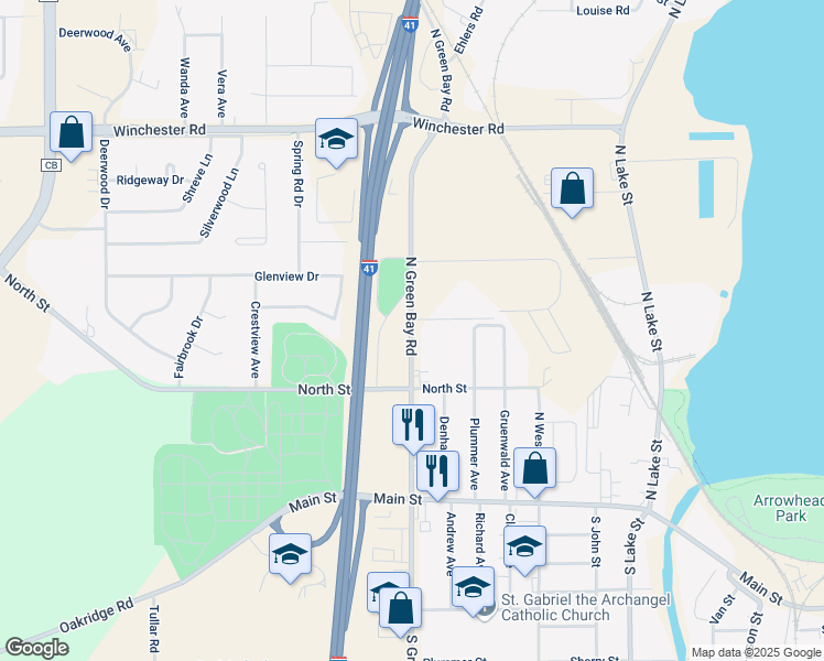 map of restaurants, bars, coffee shops, grocery stores, and more near 260 N Green Bay Rd in Neenah