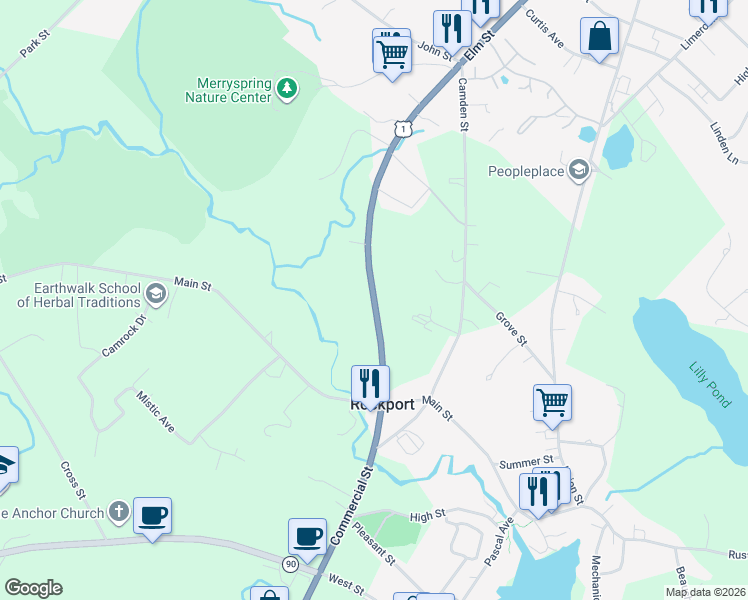 map of restaurants, bars, coffee shops, grocery stores, and more near 77 Commercial Street in Rockport