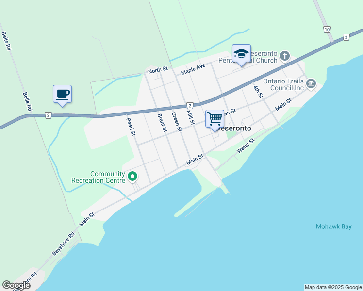 map of restaurants, bars, coffee shops, grocery stores, and more near 85 Green Street in Deseronto