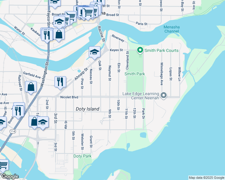 map of restaurants, bars, coffee shops, grocery stores, and more near 400 Naymut Street in Menasha