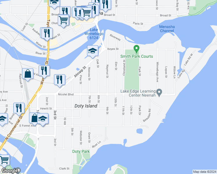 map of restaurants, bars, coffee shops, grocery stores, and more near 406 Naymut Street in Menasha