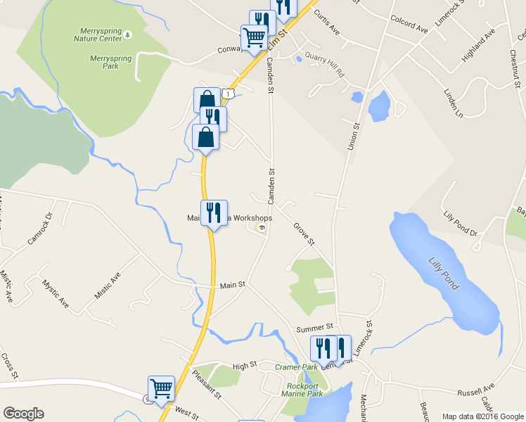 map of restaurants, bars, coffee shops, grocery stores, and more near 80 Camden St in Rockport