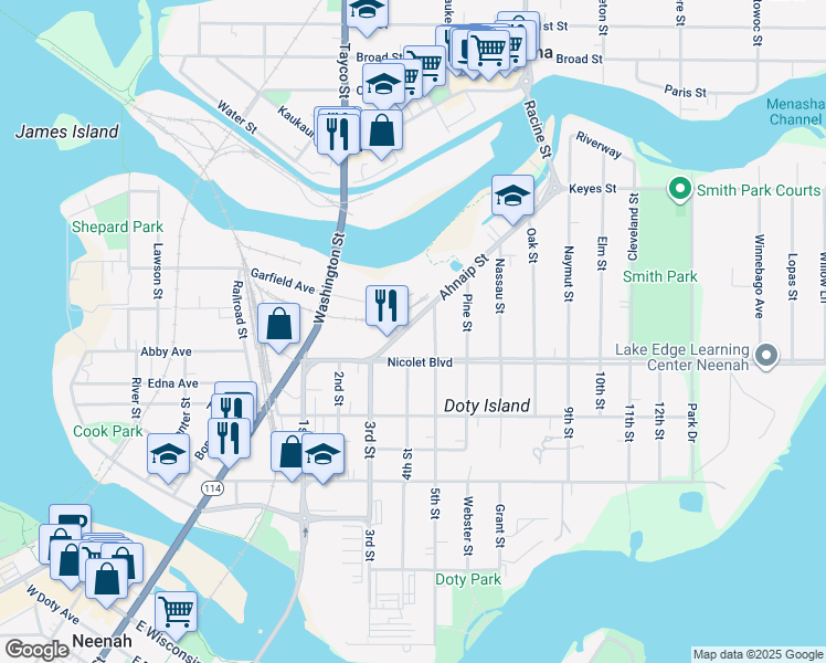 map of restaurants, bars, coffee shops, grocery stores, and more near 365 Ahnaip Street in Menasha