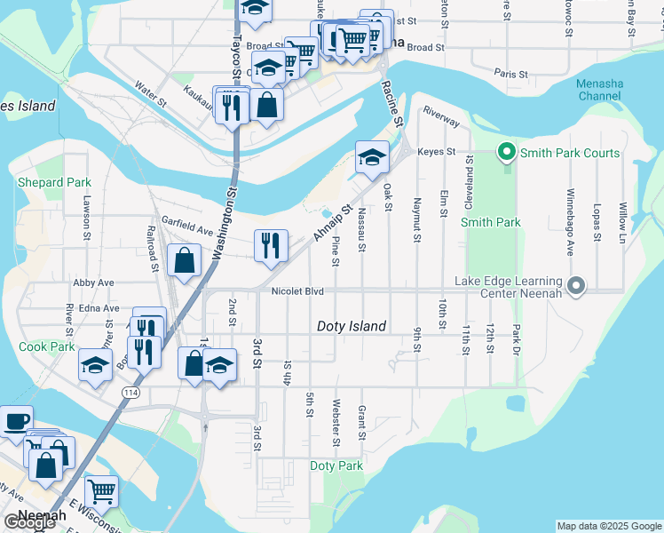 map of restaurants, bars, coffee shops, grocery stores, and more near 407 Pine Street in Menasha