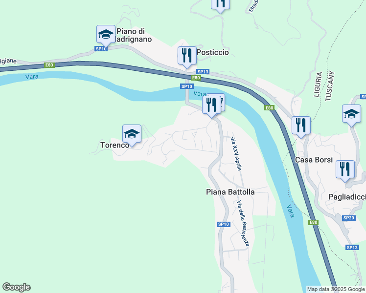 map of restaurants, bars, coffee shops, grocery stores, and more near 42 Via Roma in Piana Battolla