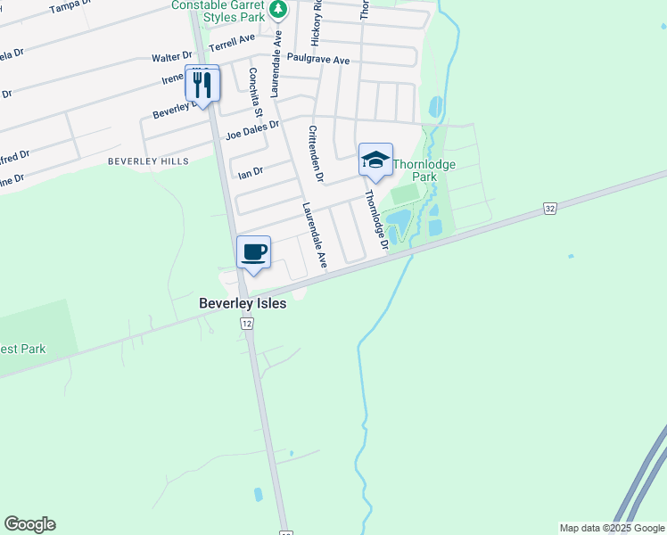 map of restaurants, bars, coffee shops, grocery stores, and more near 1 Laurendale Avenue in Georgina