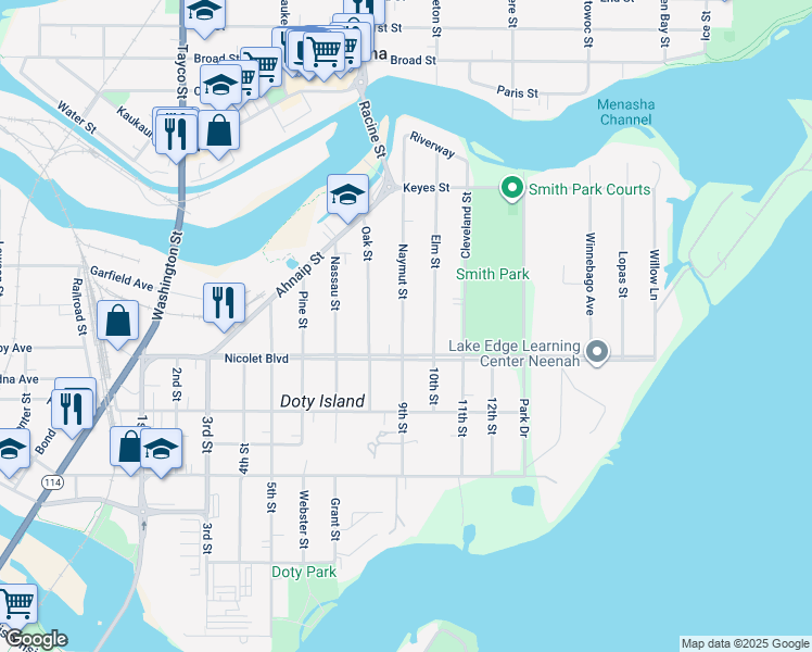 map of restaurants, bars, coffee shops, grocery stores, and more near 400 Naymut Street in Menasha