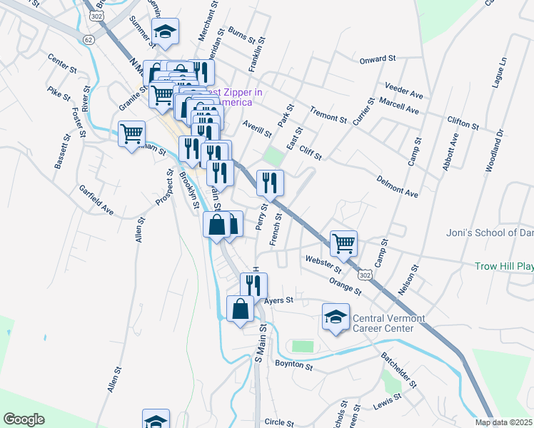 map of restaurants, bars, coffee shops, grocery stores, and more near 22 Perry Street in Barre