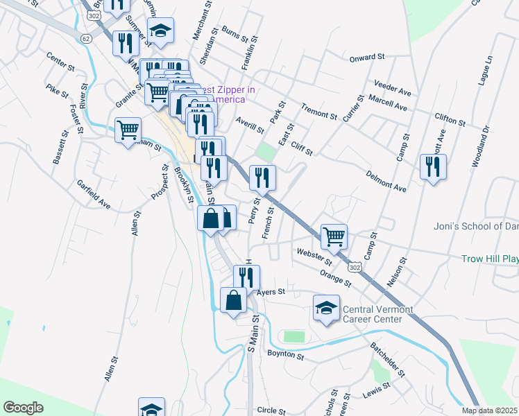 map of restaurants, bars, coffee shops, grocery stores, and more near 22 Perry St in Barre
