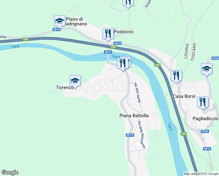 map of restaurants, bars, coffee shops, grocery stores, and more near 42 Via Roma in Piana Battolla