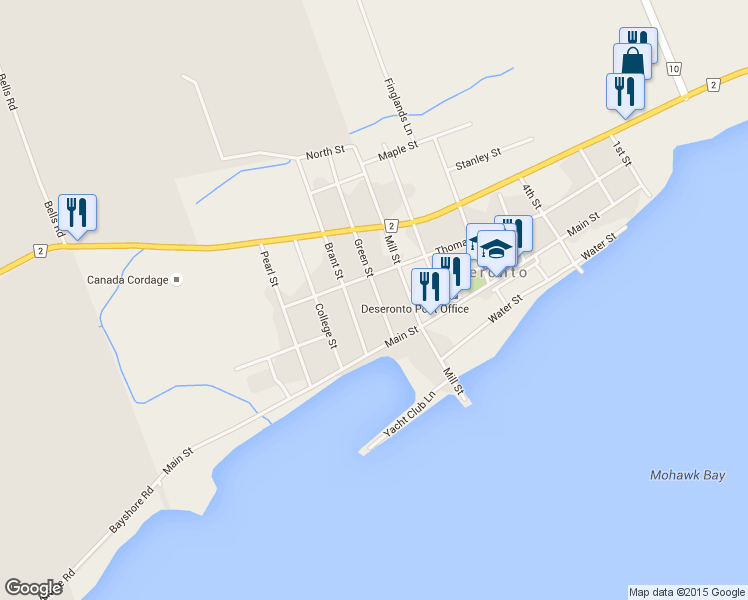 map of restaurants, bars, coffee shops, grocery stores, and more near 85 Green Street in Deseronto