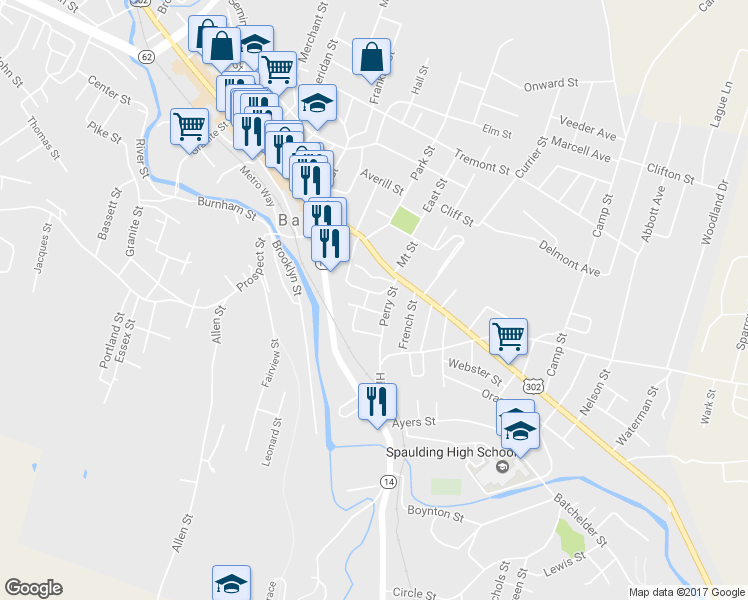 map of restaurants, bars, coffee shops, grocery stores, and more near 47 Spaulding Street in Barre