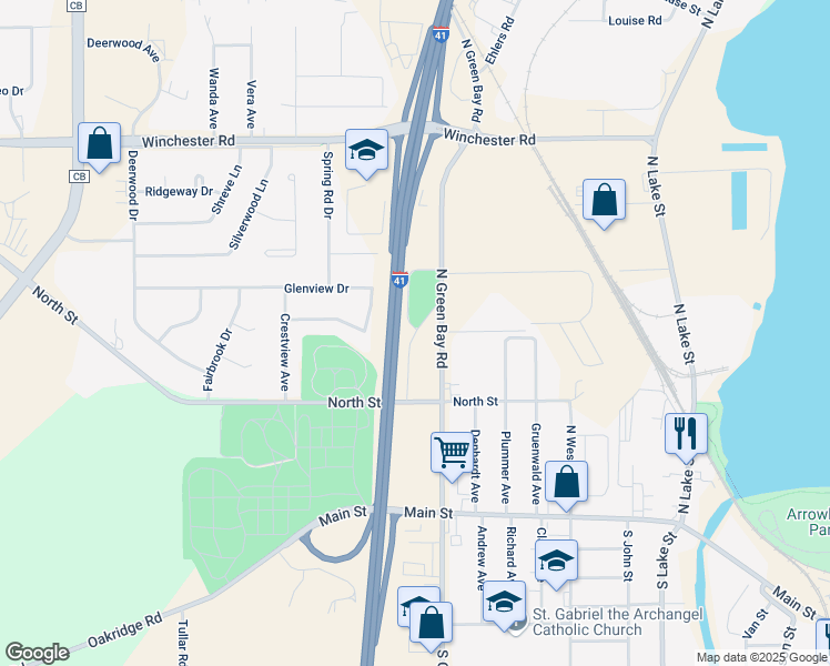 map of restaurants, bars, coffee shops, grocery stores, and more near 260 North Green Bay Road in Neenah