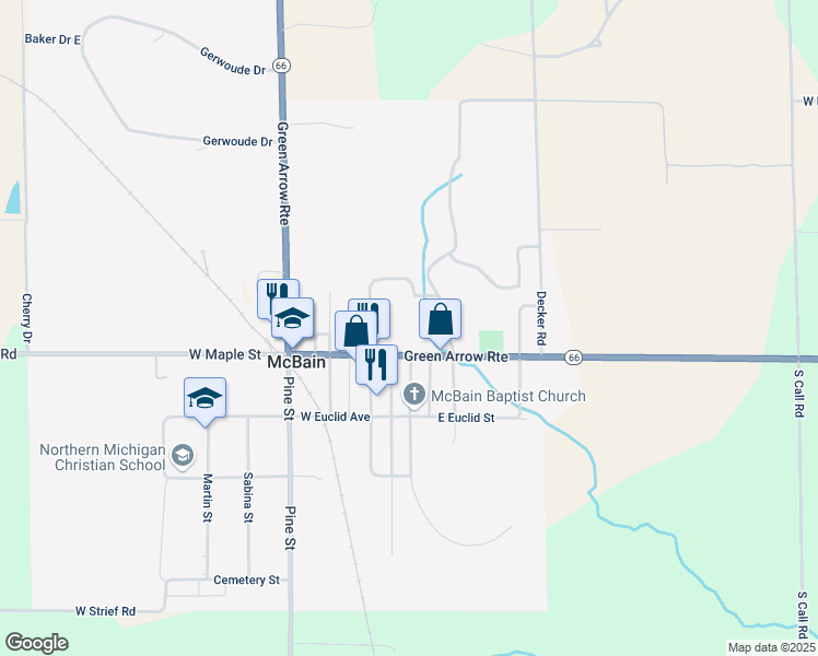 map of restaurants, bars, coffee shops, grocery stores, and more near 107 East Maple Street in McBain