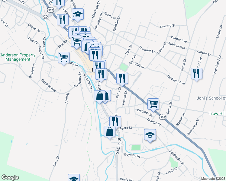 map of restaurants, bars, coffee shops, grocery stores, and more near 11 King Street in Barre