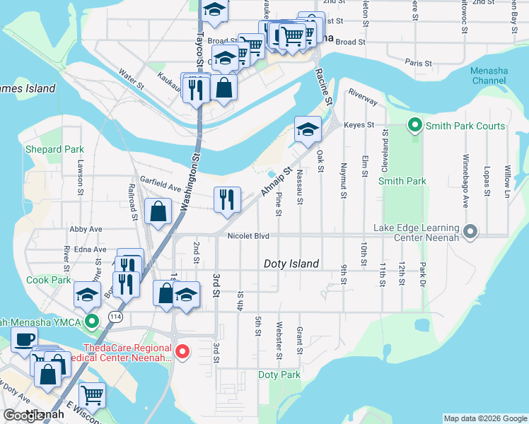 map of restaurants, bars, coffee shops, grocery stores, and more near 407 Pine Street in Menasha
