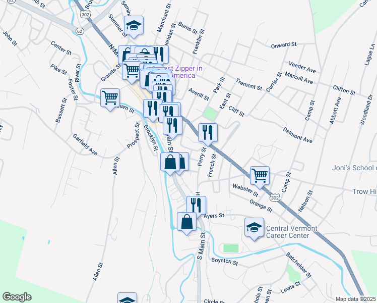 map of restaurants, bars, coffee shops, grocery stores, and more near 11 King Street in Barre