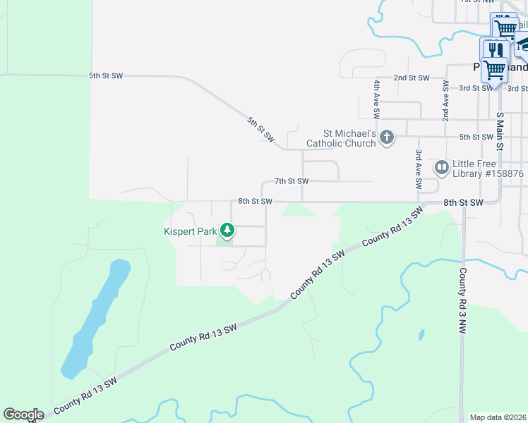 map of restaurants, bars, coffee shops, grocery stores, and more near 700 9th Street Southwest in Pine Island