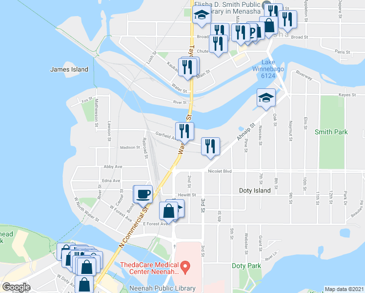 map of restaurants, bars, coffee shops, grocery stores, and more near 216 Washington Street in Menasha