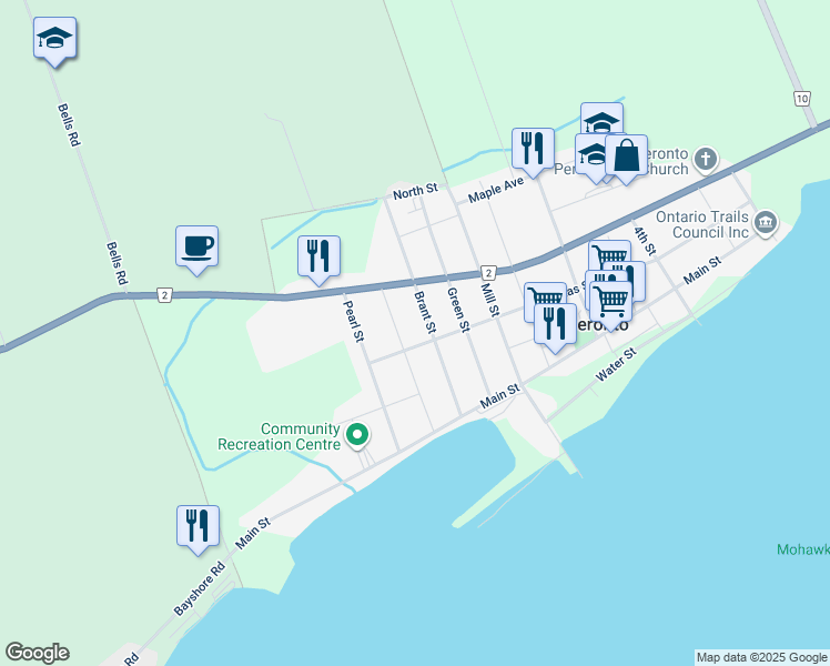 map of restaurants, bars, coffee shops, grocery stores, and more near 205 Thomas Street in Deseronto