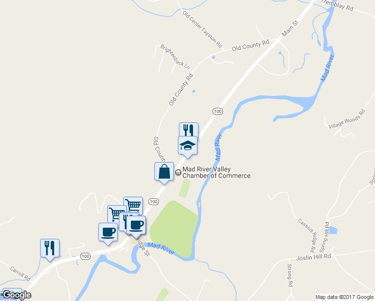 map of restaurants, bars, coffee shops, grocery stores, and more near 3962 Main Street in Waitsfield