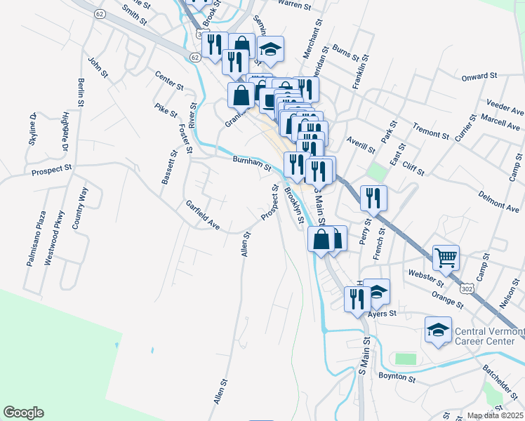 map of restaurants, bars, coffee shops, grocery stores, and more near 80 Prospect Street in Barre