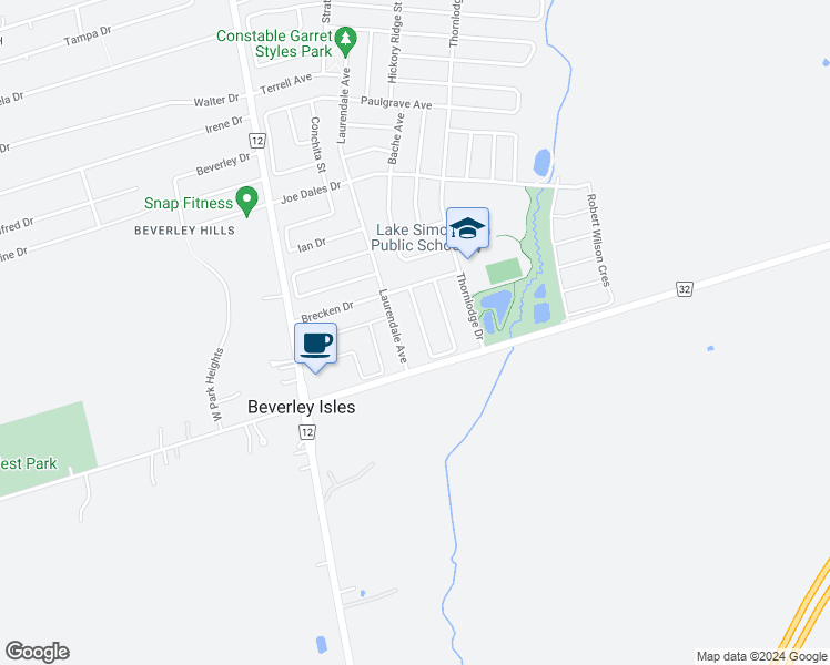 map of restaurants, bars, coffee shops, grocery stores, and more near 17 Silverstone Crescent in Georgina