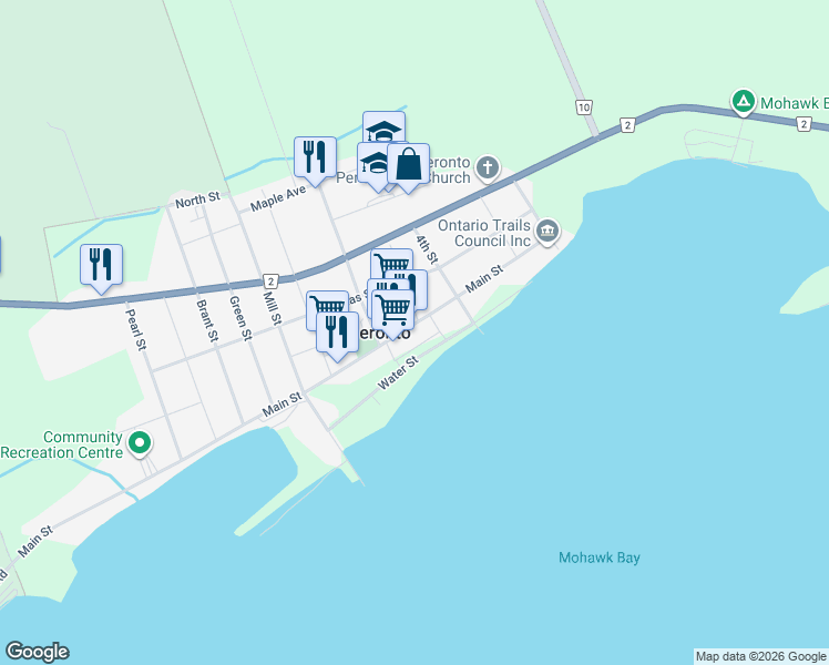map of restaurants, bars, coffee shops, grocery stores, and more near 366 Main Street in Deseronto