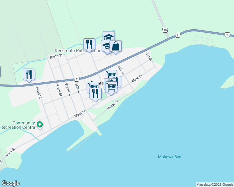 map of restaurants, bars, coffee shops, grocery stores, and more near 366 Main Street in Deseronto