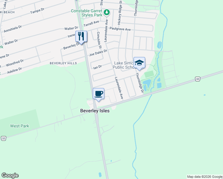 map of restaurants, bars, coffee shops, grocery stores, and more near 7 Glasgow Crescent in Georgina
