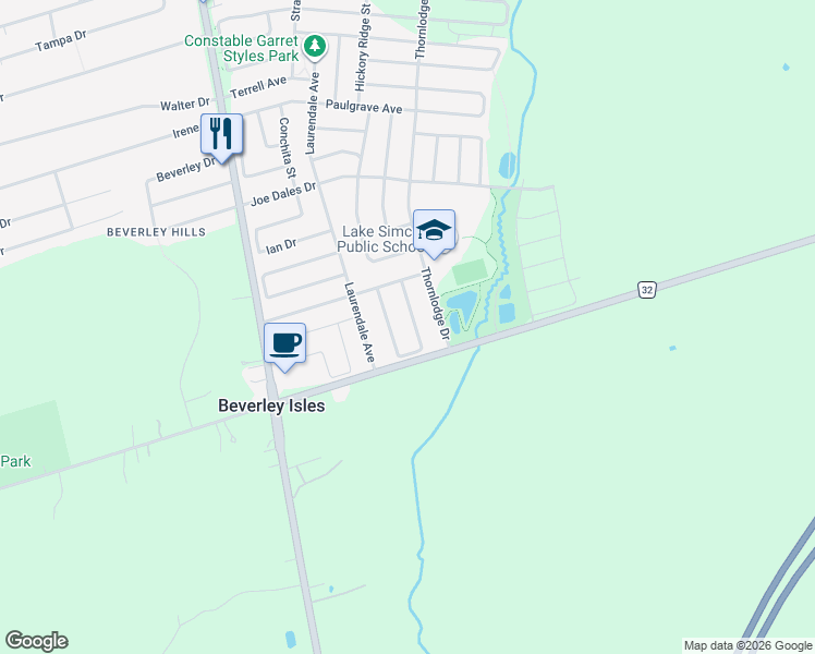 map of restaurants, bars, coffee shops, grocery stores, and more near 46 Silverstone Crescent in Georgina