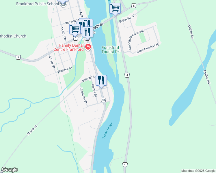 map of restaurants, bars, coffee shops, grocery stores, and more near 62 Oxford Street in Quinte West